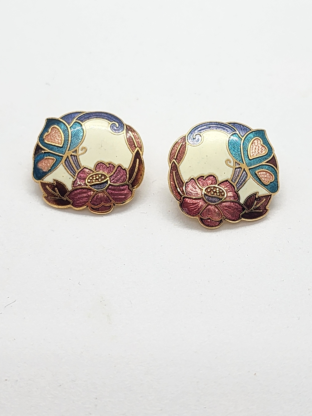 Vintage Cloisonné Enamel Butterfly & Lotus Flower Stud Earrings